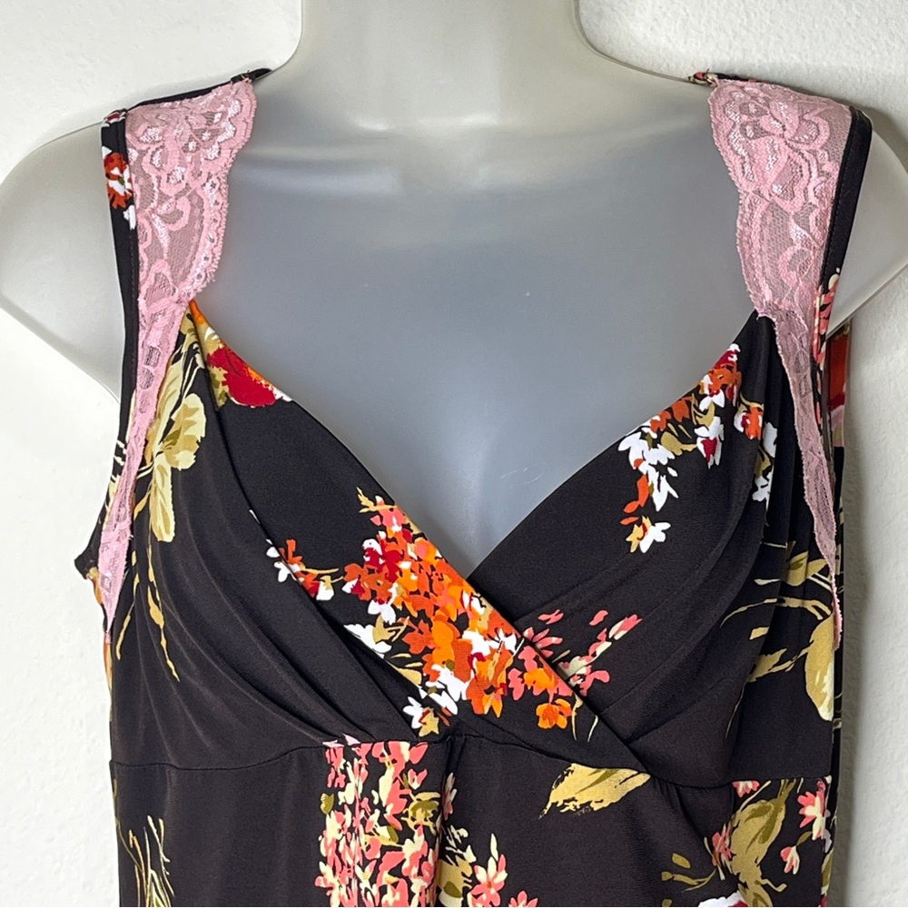 Y2K j.t.b. Floral Print Lace Trim Mock Wrap V Neck Top L Pink Brown Boho Spring - Picture 5 of 15
